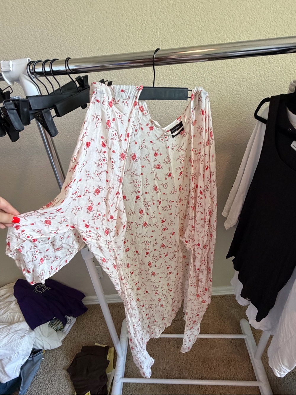 free press Cream Floral Open Kimono with Red Accents